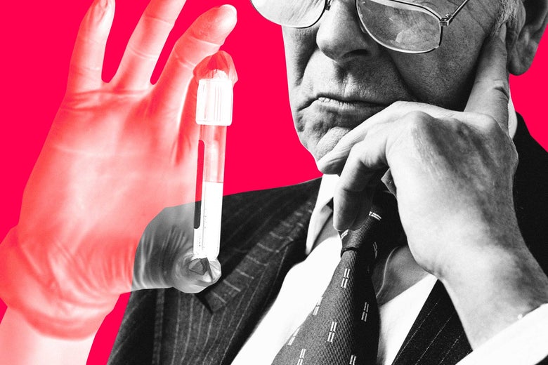 Hand holding up a vial, man in pinstriped suit.